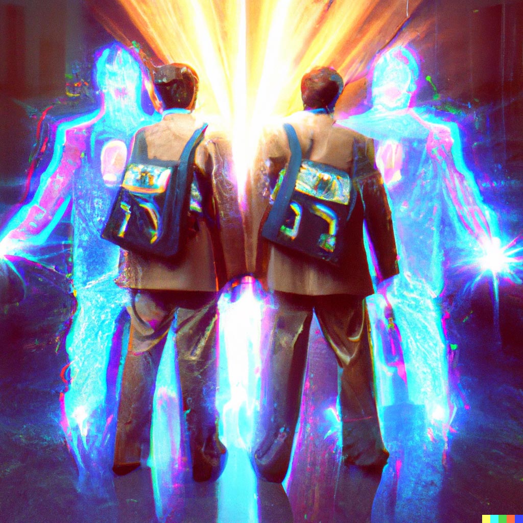 DALL·E prompt: men in brown jumpsuits with ghostbuster proton backpacks emitting beams of colored light aimed at a ghost made of binary data, ghostbusters 1984